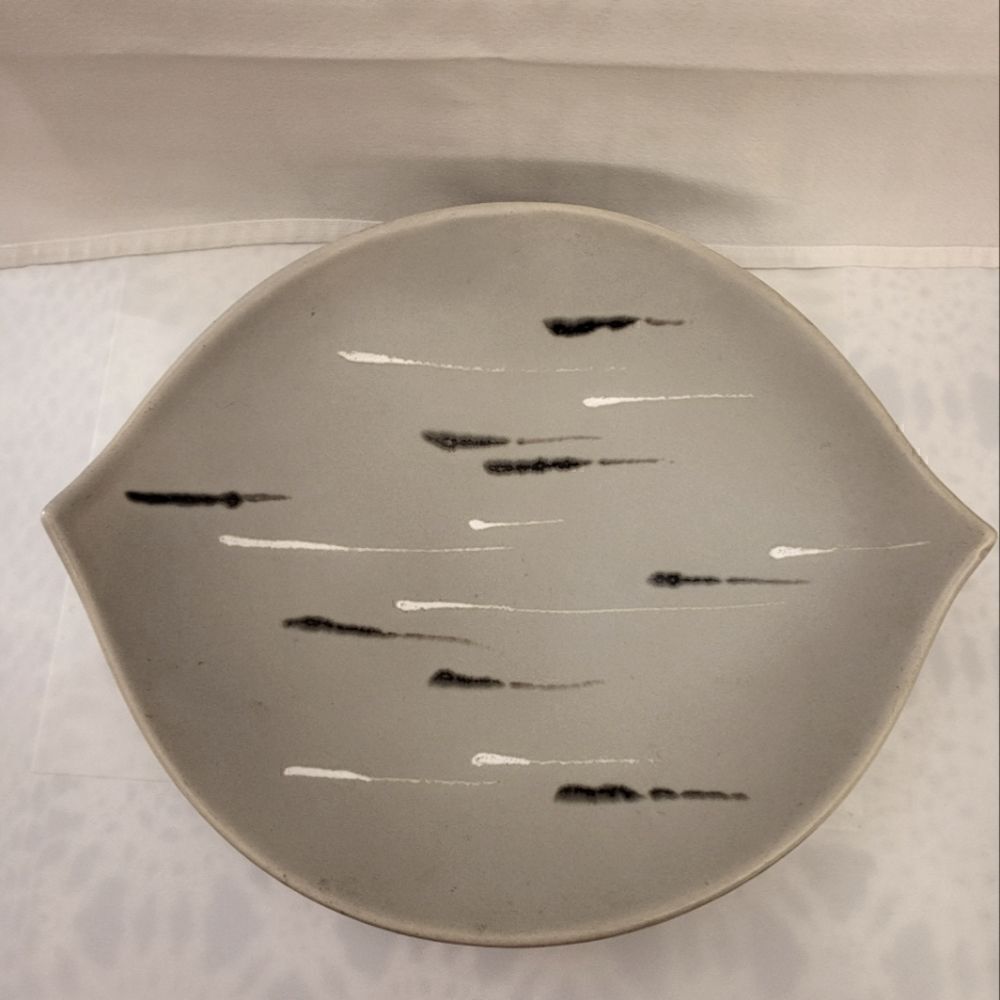 Vintage Mint MCM '60s Matte Gray w/ Random Stripes Oval Bowl Made in Austria